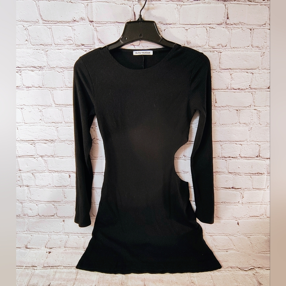 Reformation Kensey Cut Out Black Jersey Knit Ribbed Mini Dress Long Sleeve Small